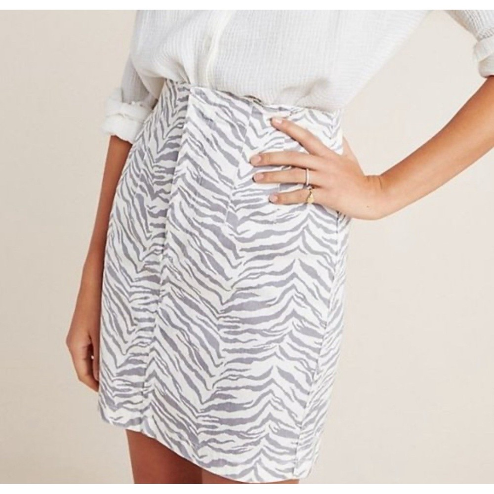 REBECCA TAYLOR La Vie Mini Skirt Women 28 Gray Ivory Denim Animal Print Zip